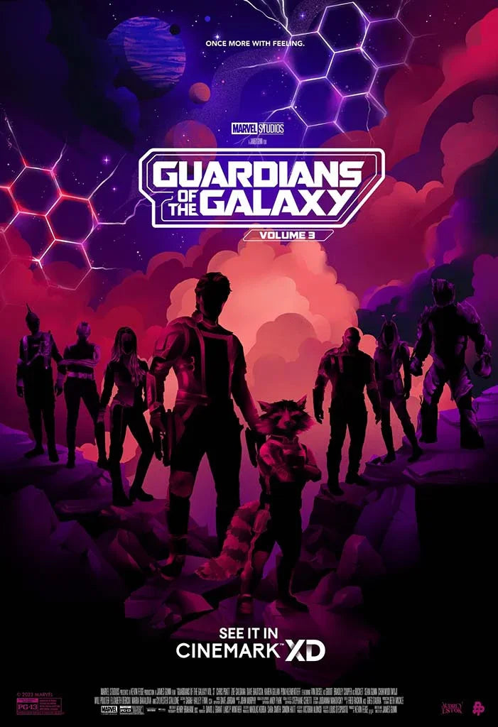 Guardians of the Galaxy Volume 3 movie poster showing the entire team, including Star-Lord and Rocket Raccoon, silhouetted against a dramatic purple cosmic sky.