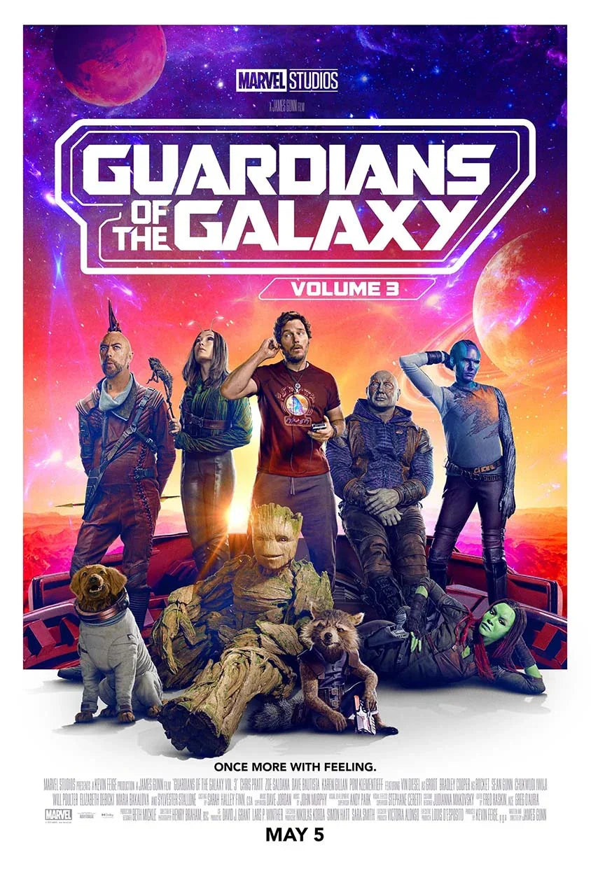 The Guardians of the Galaxy Vol. 3 main theatrical poster showing Star-Lord, Groot, Rocket Raccoon, Nebula, Drax, and Mantis against a cosmic purple background.