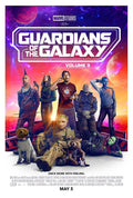 Guardians of the Galaxy Vol. 3 official movie poster showing Star-Lord, Groot, Rocket Raccoon, Nebula, and the full team against a bright cosmic background.