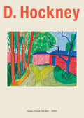 Artwork by David Hockney featuring the Guest House Garden in 2000, characterized by bold reds, pink sheds, and vivid green trees.