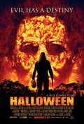Dark, fiery poster for Rob Zombie's Halloween (2007) showing the silhouette of Michael Myers holding his mask and a knife, against a collage of faces.