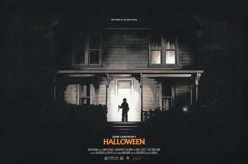 Silhouette of a child holding a knife in front of a lit wooden house porch at night in John Carpenter's Halloween poster
