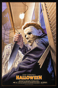 Michael Myers holding a large knife inside a dimly lit closet with hanging clothes, Halloween movie poster