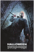 Michael Myers holding a knife in a dark forest with eerie lighting, Halloween movie poster