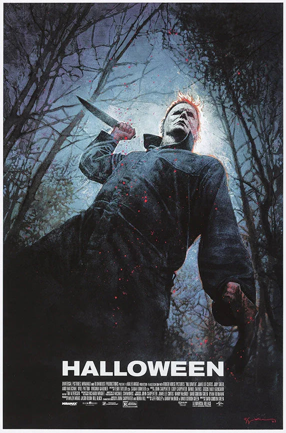 Michael Myers holding a knife in a dark forest with eerie lighting, Halloween movie poster