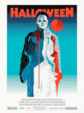 Stylized Halloween movie poster featuring Michael Myers with blue, white, and red abstract design and red moon