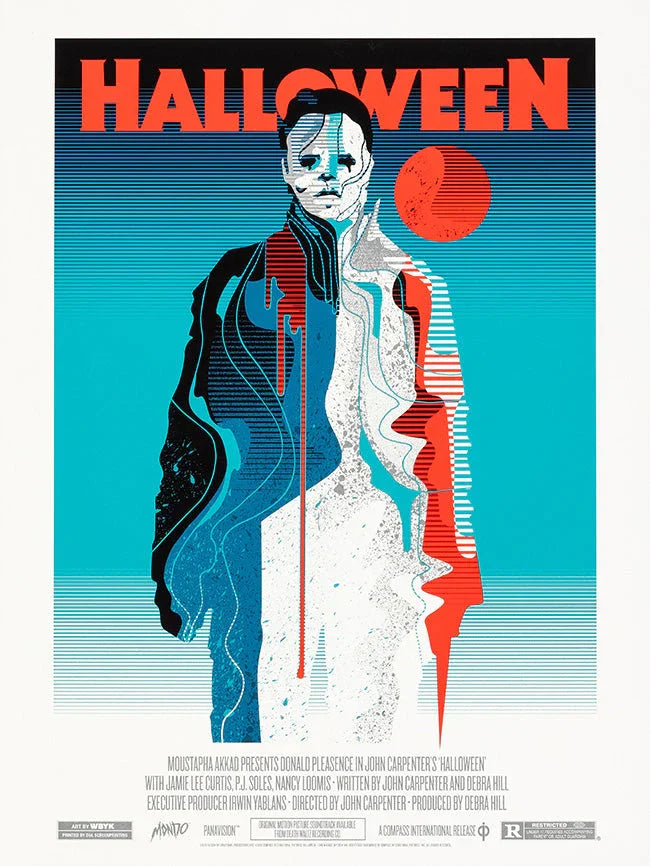 Stylized Halloween movie poster featuring Michael Myers with blue, white, and red abstract design and red moon