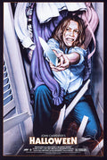 Halloween movie poster showing woman in closet holding knife defensively amid broken door and hanging clothes