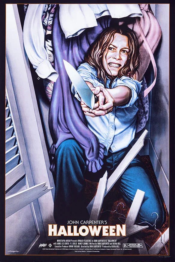 Halloween movie poster showing woman in closet holding knife defensively amid broken door and hanging clothes