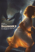 Halloween II movie poster showing a masked figure menacing a woman in a flowing dress on a dim stairwell