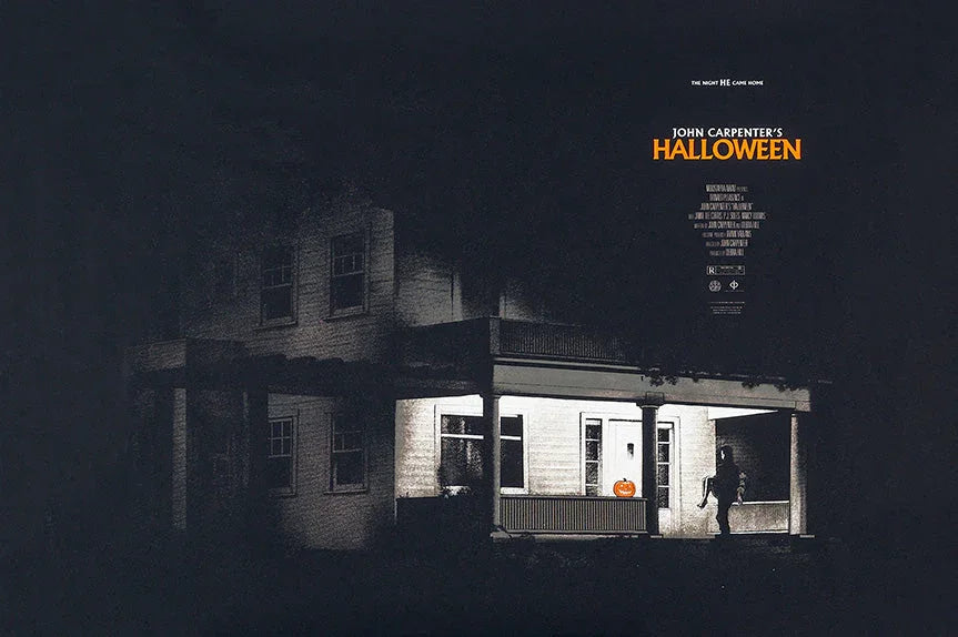 Dark house porch lit with a single light, a pumpkin on the railing, and a shadowy figure walking, Halloween movie poster