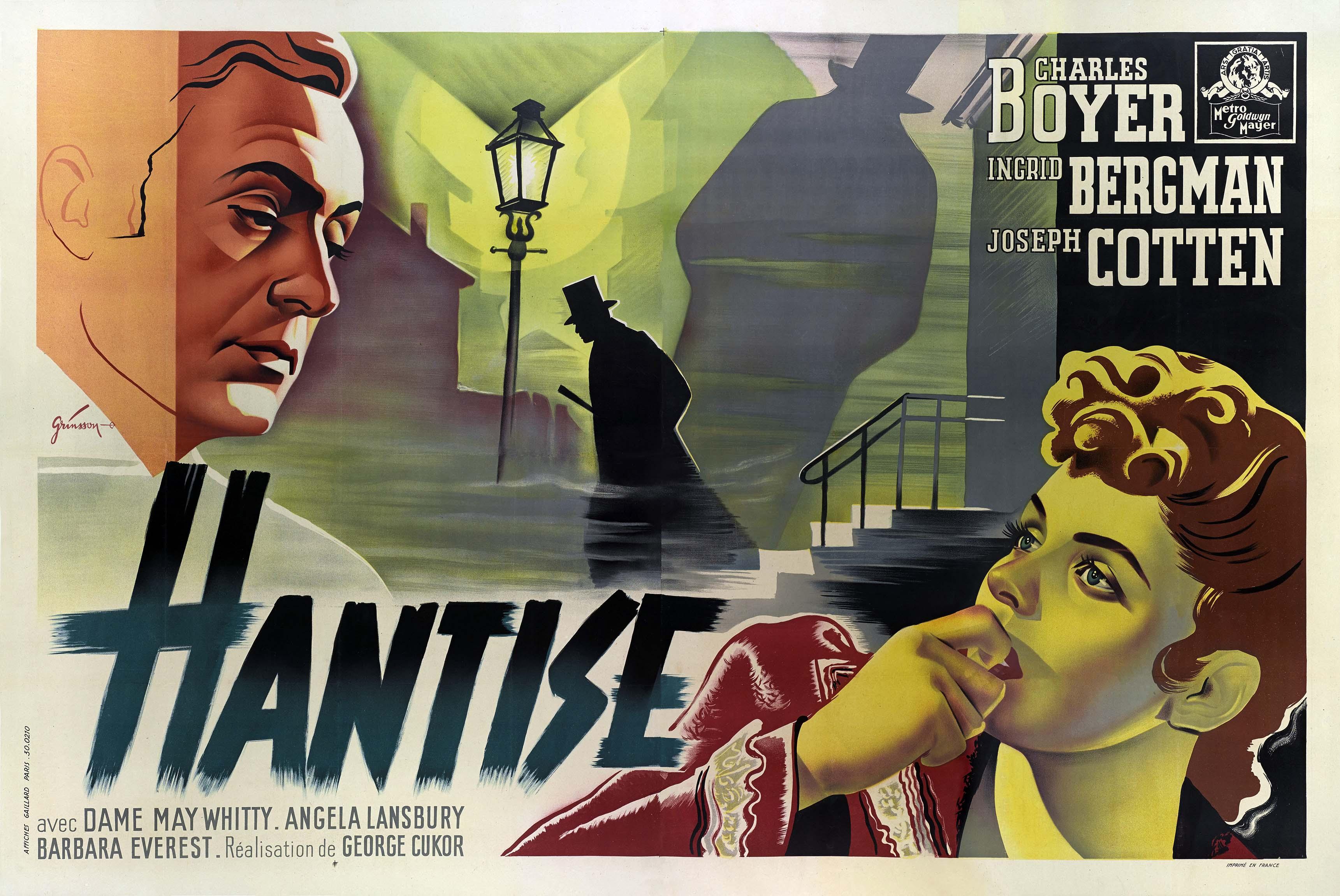 Dramatic French poster for Hantise (Gaslight) showing Charles Boyer and Ingrid Bergman with a shadowy figure under a lamppost, captured in a film noir style.