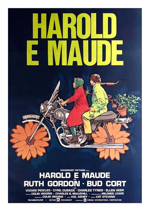 Harold and Maude 1974 Italian movie poster illustration showing the characters riding a motorcycle with sunflower wheels on a dark background.