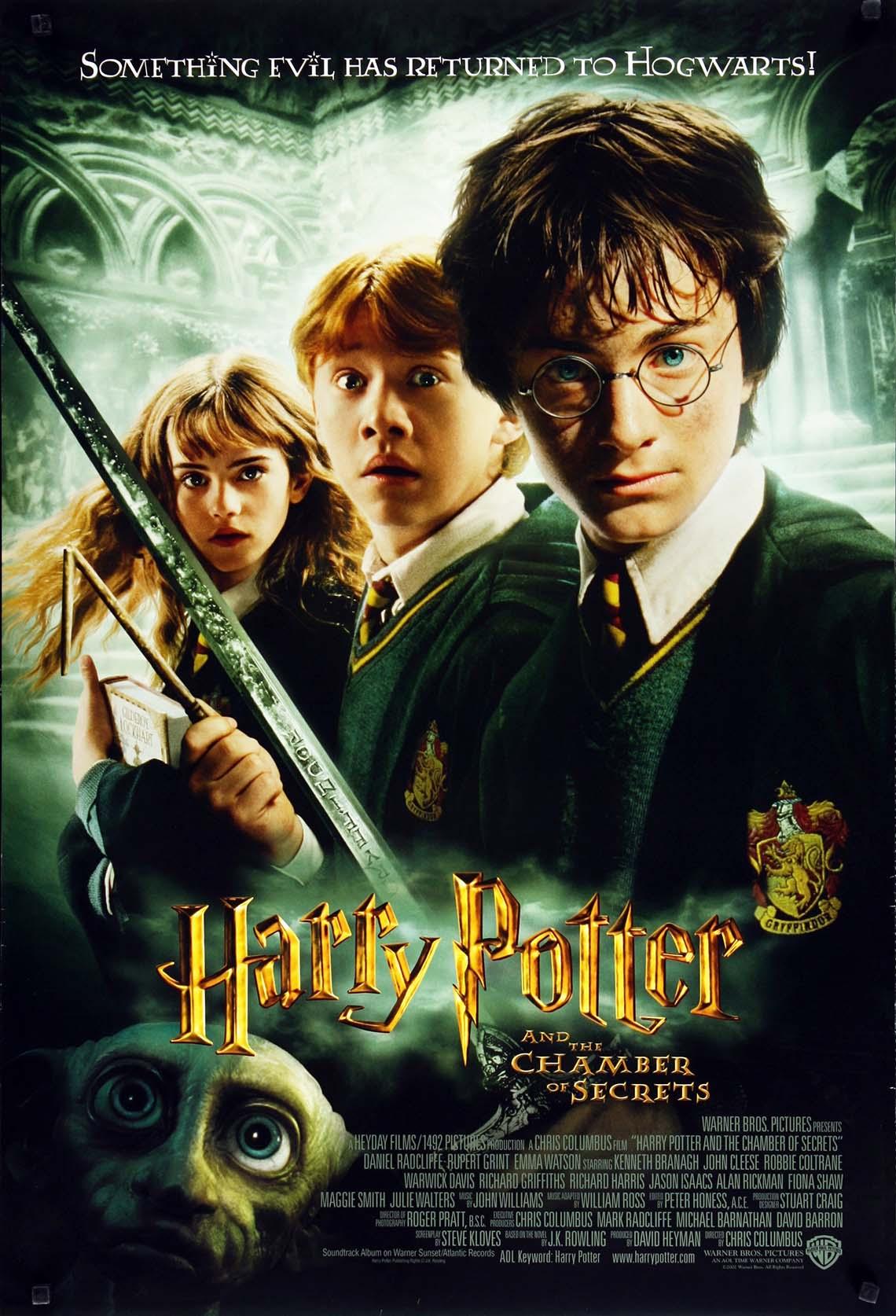 Movie poster for Harry Potter and the Chamber of Secrets featuring Harry, Ron, Hermione, and Dobby, highlighting the Sword of Gryffindor.
