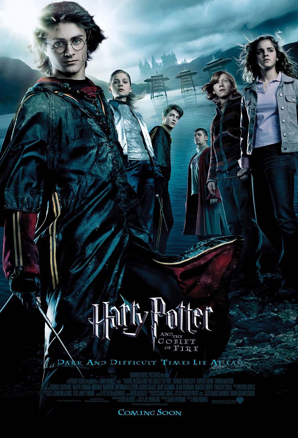 Poster for Harry Potter and the Goblet of Fire featuring Harry, Hermione, Ron, and the Triwizard Champions standing by the water.