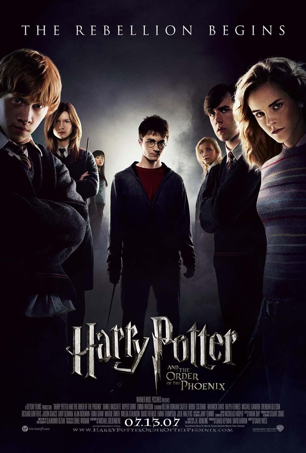 Official movie poster featuring Harry Potter and Dumbledore's Army members, including Ron and Hermione, standing ready for rebellion in front of a dark, smoky backdrop.
