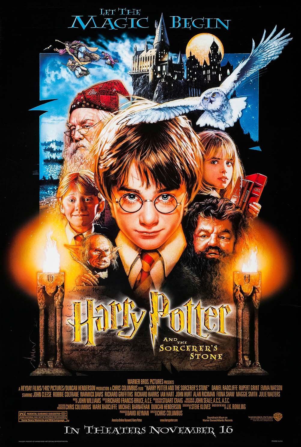 Original theatrical poster for Harry Potter and the Sorcerer's Stone featuring Harry, Ron, Hermione, Dumbledore, and Hogwarts Castle with Hedwig flying overhead.
