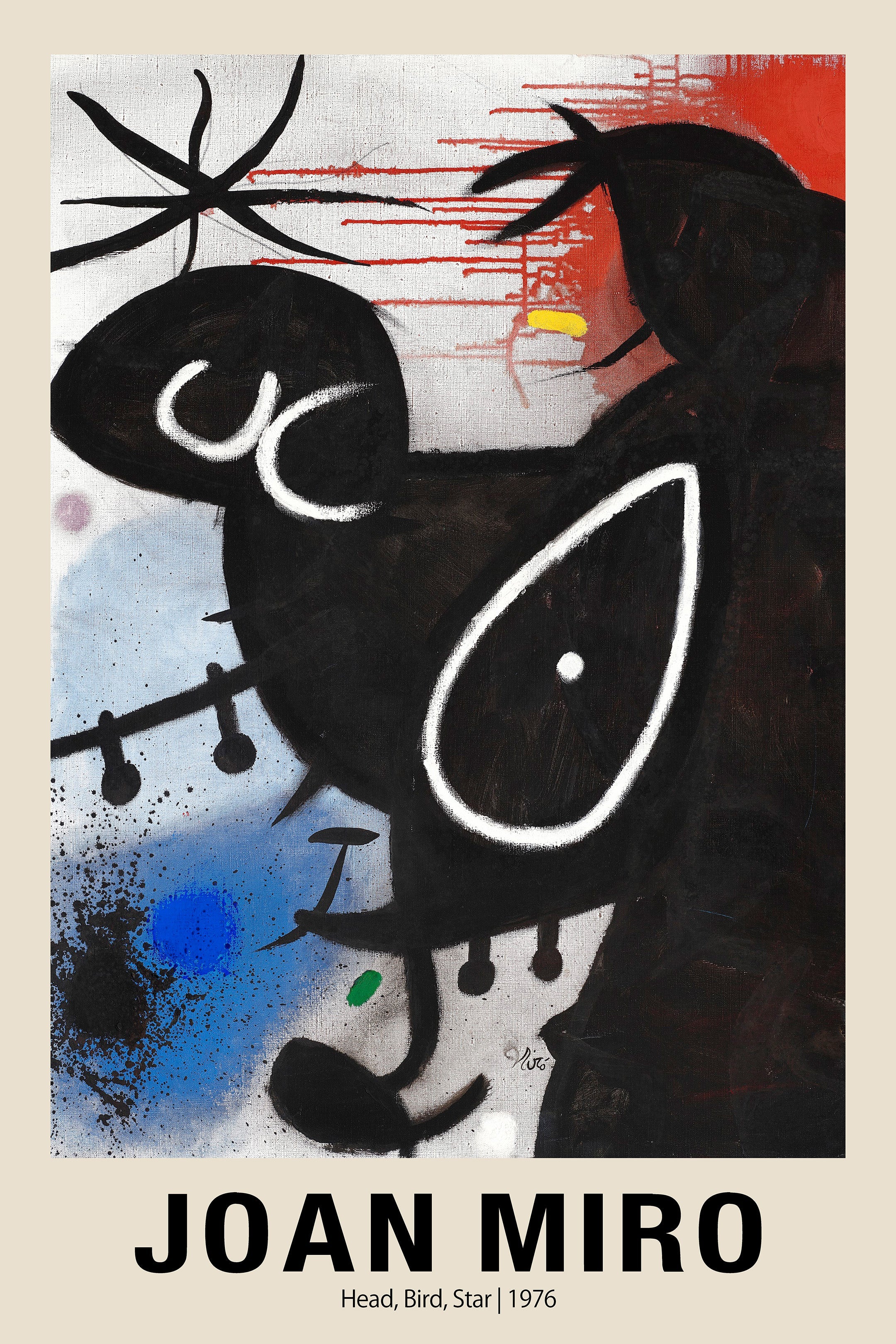Abstract painting by Joan Miró showing bold black figures, a large white eye, and striking blue and red color splashes, titled "Head, Bird, Star".
