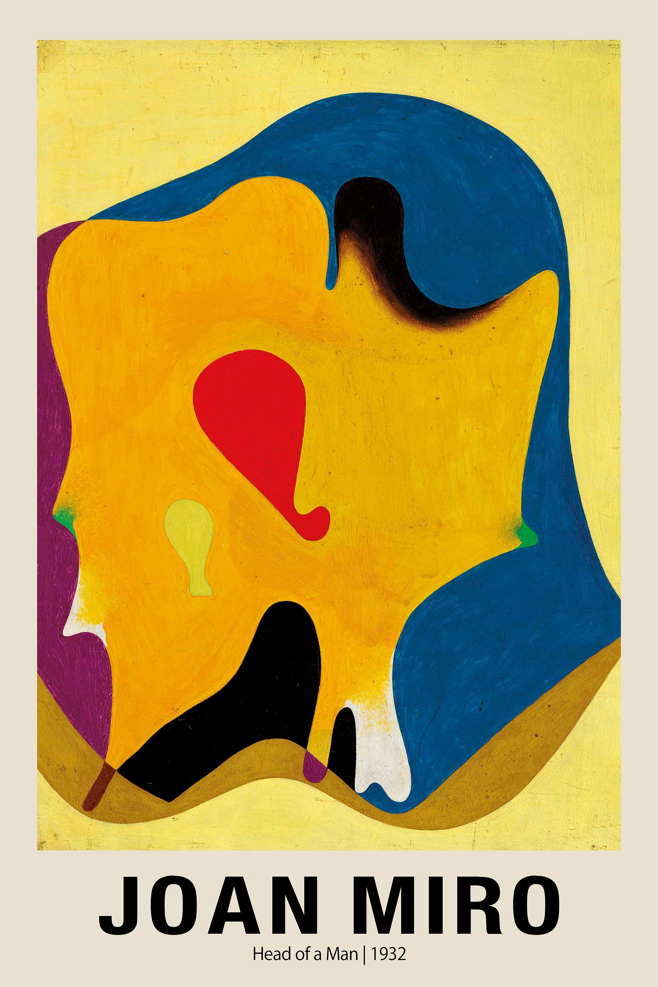 Joan Miró's 1932 abstract oil painting, "Head of a Man," featuring bright yellow, blue, red, and purple biomorphic shapes.