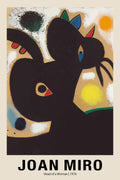 Reproduction of Joan Miró's 1976 abstract painting, "Head of a Woman," featuring a black biomorphic shape and splatters of primary color.
