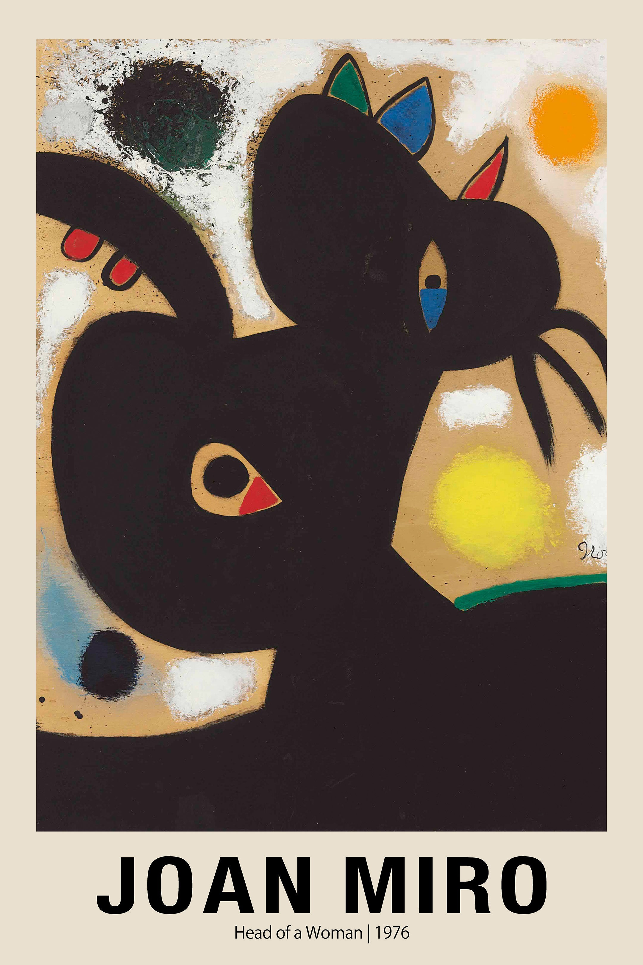 Reproduction of Joan Miró's 1976 abstract painting, "Head of a Woman," featuring a black biomorphic shape and splatters of primary color.