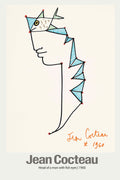Jean Cocteau's 1960 minimalist sketch of a man's profile defined by a fish head motif made of geometric shapes and connected by small red dots.