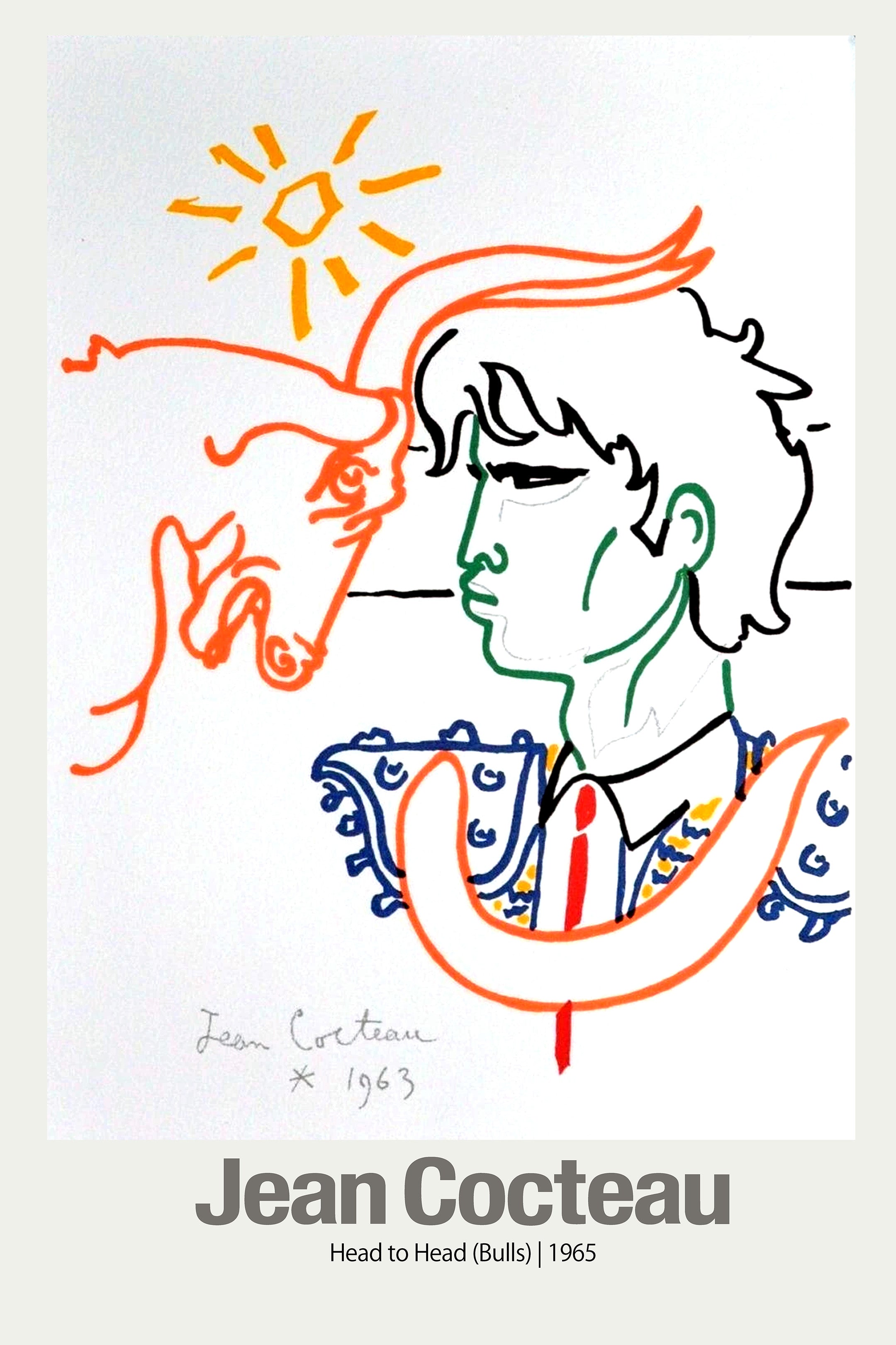 Minimalist line art drawing by Jean Cocteau featuring a matador's profile facing the head of an orange bull under a stylized sun.