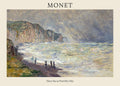 Claude Monet's painting, "Heavy Sea at Pourville," showing a stormy ocean crashing against rugged cliffs with small figures on the beach.