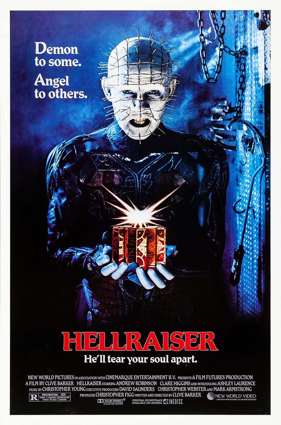 Original theatrical movie poster for Hellraiser (1987) showing Pinhead holding the glowing Lament Configuration puzzle box against a dark blue background.