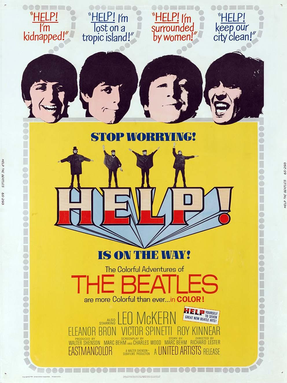 Original vertical movie poster for The Beatles film Help! (1965) featuring the four band members faces and full-body shots on a bright yellow background with retro text.