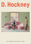 David Hockney exhibition poster featuring the 1969 double portrait of Henry Geldzahler and Christopher Scott seated on a pink couch in an apartment.