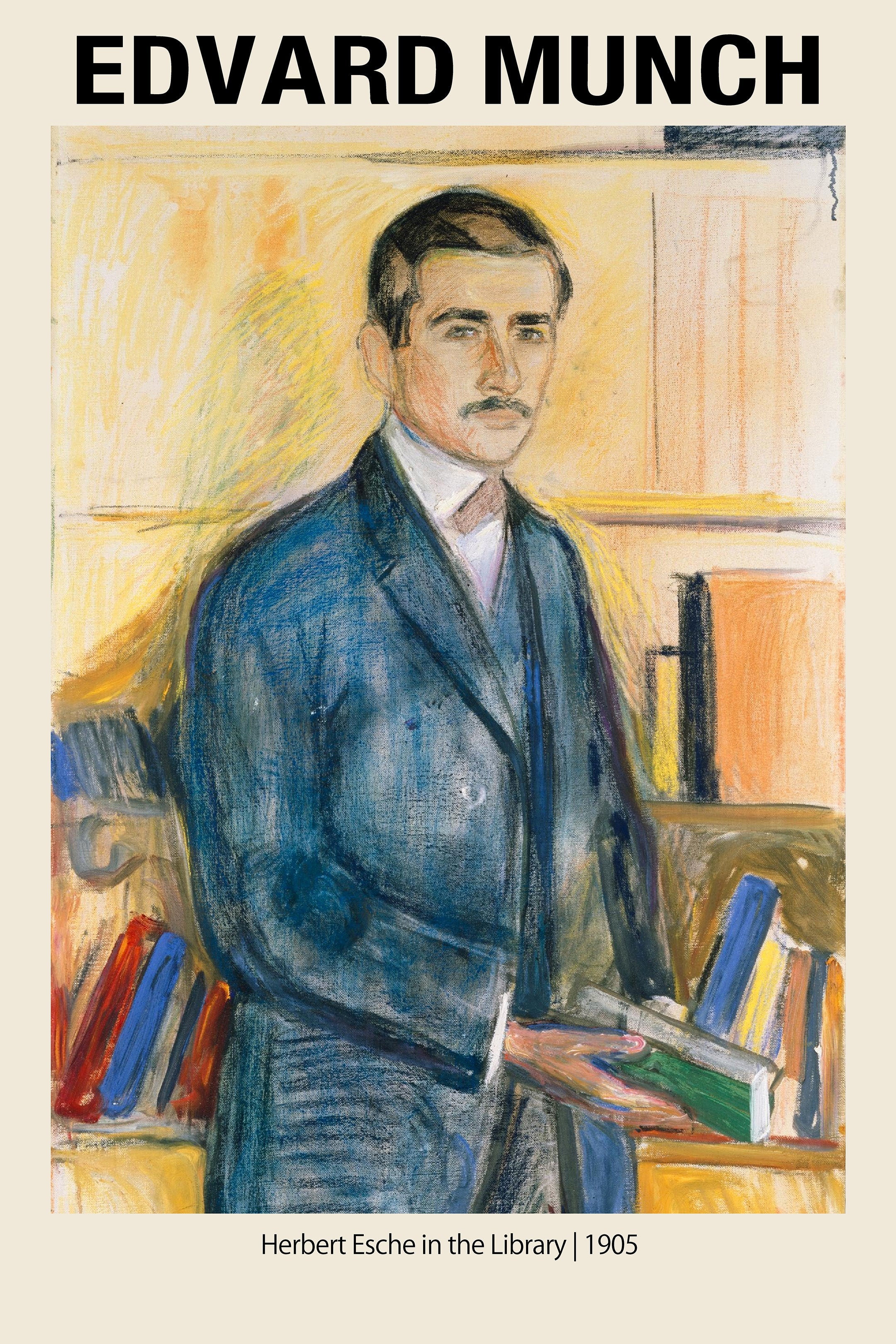 Edvard Munch painting, "Herbert Esche in the Library" (1905), showing a man in a blue suit holding a green book, set against an abstract yellow background and colorful bookshelves.