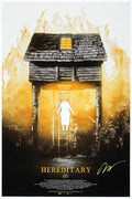 Hereditary movie poster with a burning wooden house on stilts and a glowing white figure ascending a ladder