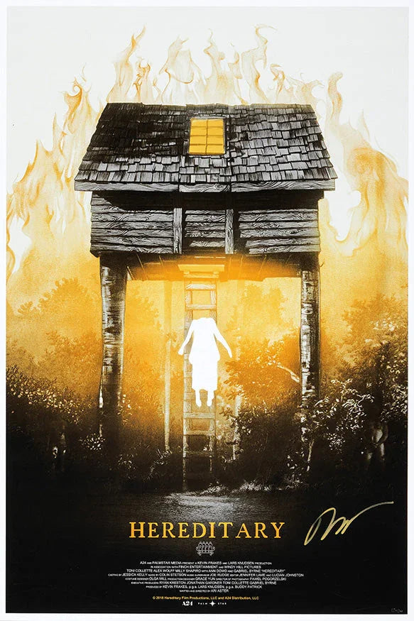 Hereditary movie poster with a burning wooden house on stilts and a glowing white figure ascending a ladder