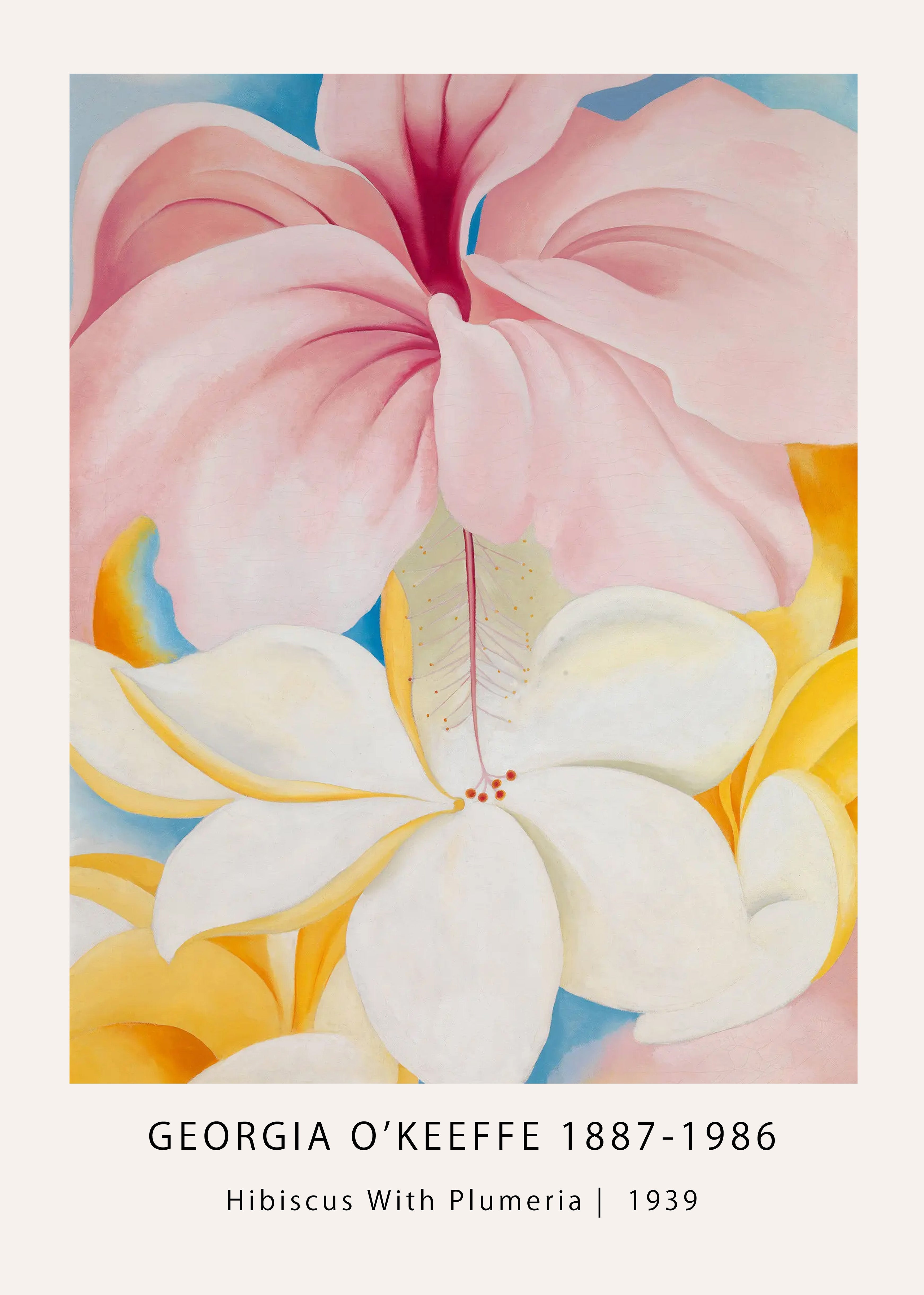 Close-up abstract oil painting by Georgia O'Keeffe featuring large pink hibiscus and white plumeria flowers against a blue sky.