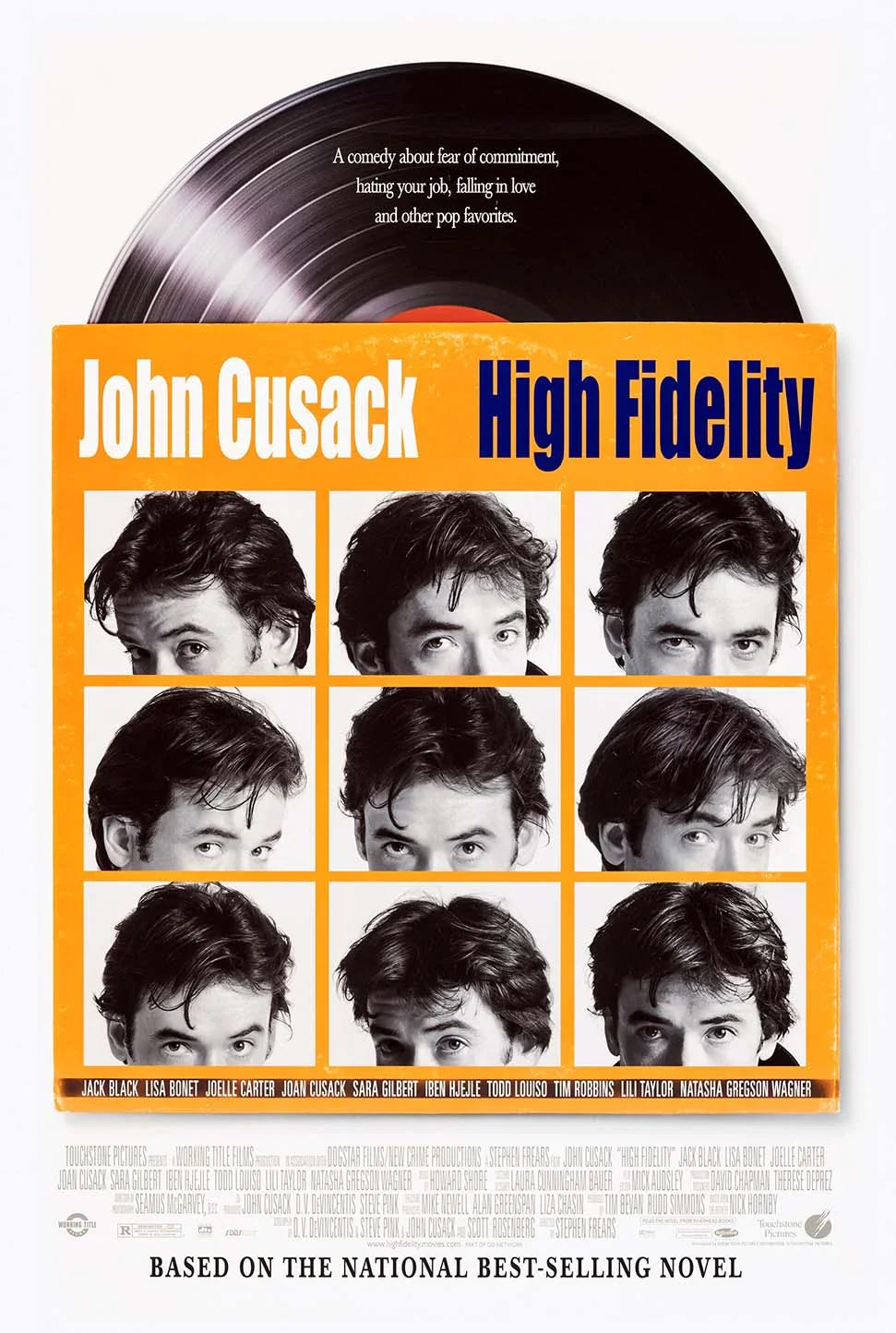 Original theatrical poster for High Fidelity featuring John Cusack's face repeated nine times above a vinyl record sleeve design.