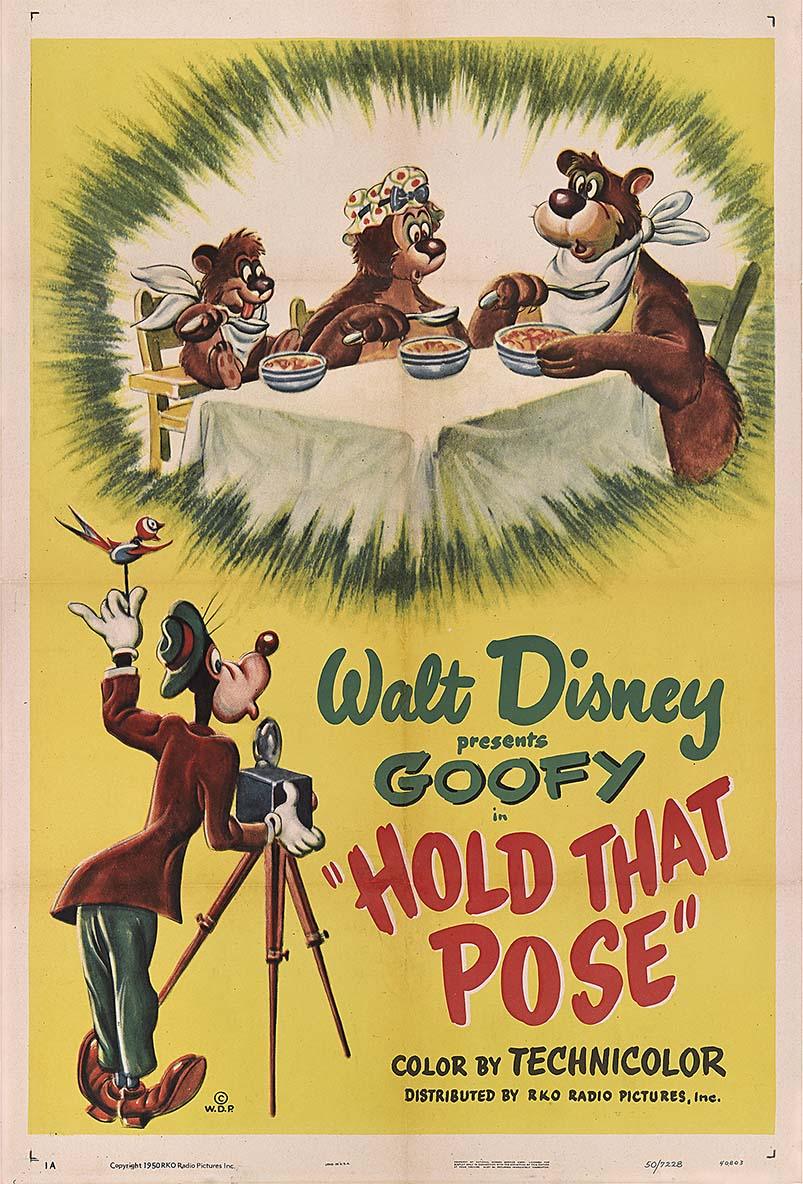 Vintage Goofy movie poster for the 1950 cartoon "Hold That Pose," showing Goofy photographing three bears eating at a picnic table.