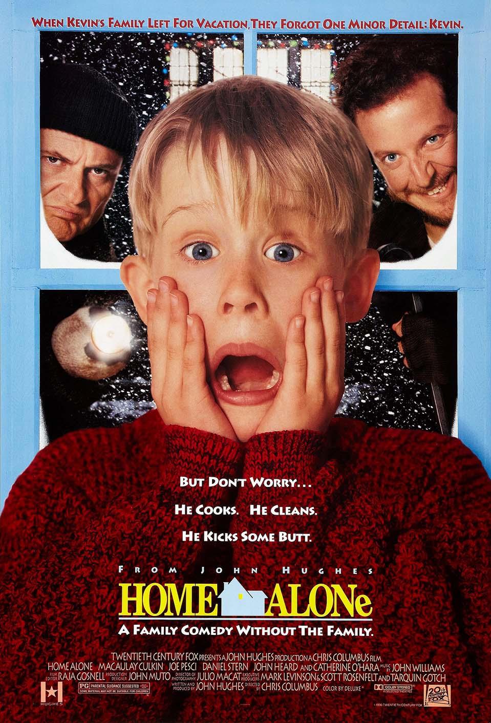 Official Home Alone movie poster showing Kevin McCallister screaming with hands on his face, while Wet Bandits Harry and Marv peek in the snowy window.