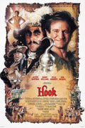 Original theatrical poster for the 1991 movie Hook, showing Robin Williams, Dustin Hoffman as Captain Hook, and Julia Roberts as Tinkerbell in a detailed fantasy illustration.