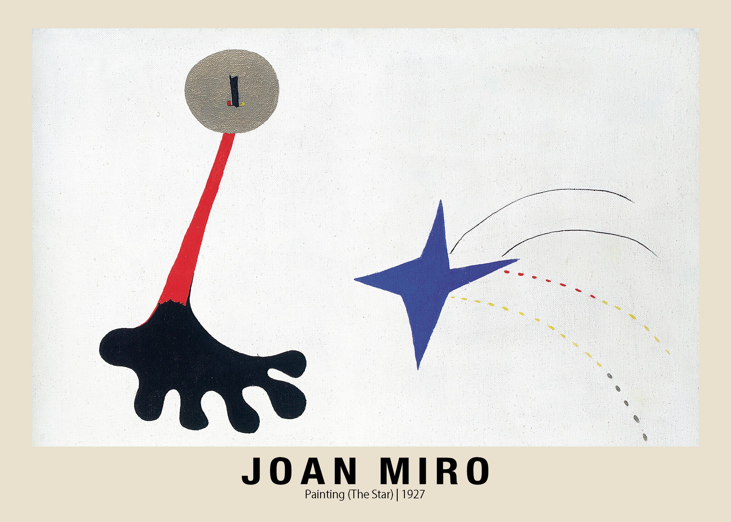 Surrealist painting "The Star" by Joan Miró (1927), featuring a blue star, a black biomorphic shape, and red and grey abstract elements on a white canvas.