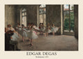 Classic 1878 oil painting by Edgar Degas showing a group of ballerinas in white tutus during a dance rehearsal, illuminated by large studio windows.