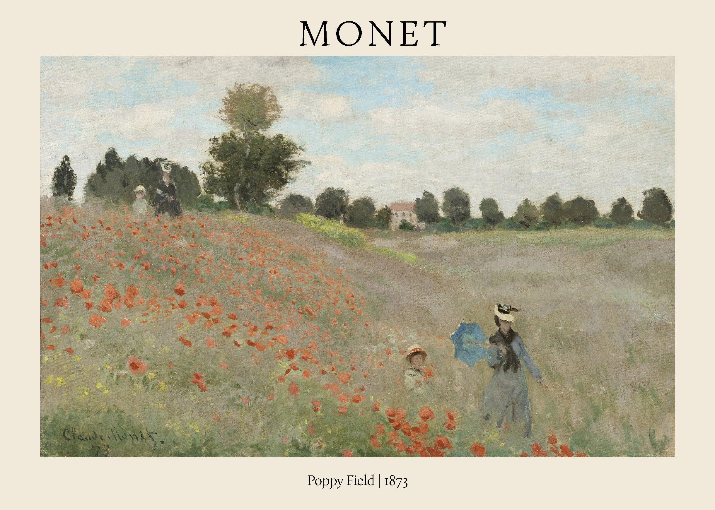 Reproduction of Claude Monet's 1873 painting "Poppy Field," featuring a woman and child walking through a red poppy meadow under a blue and white sky.