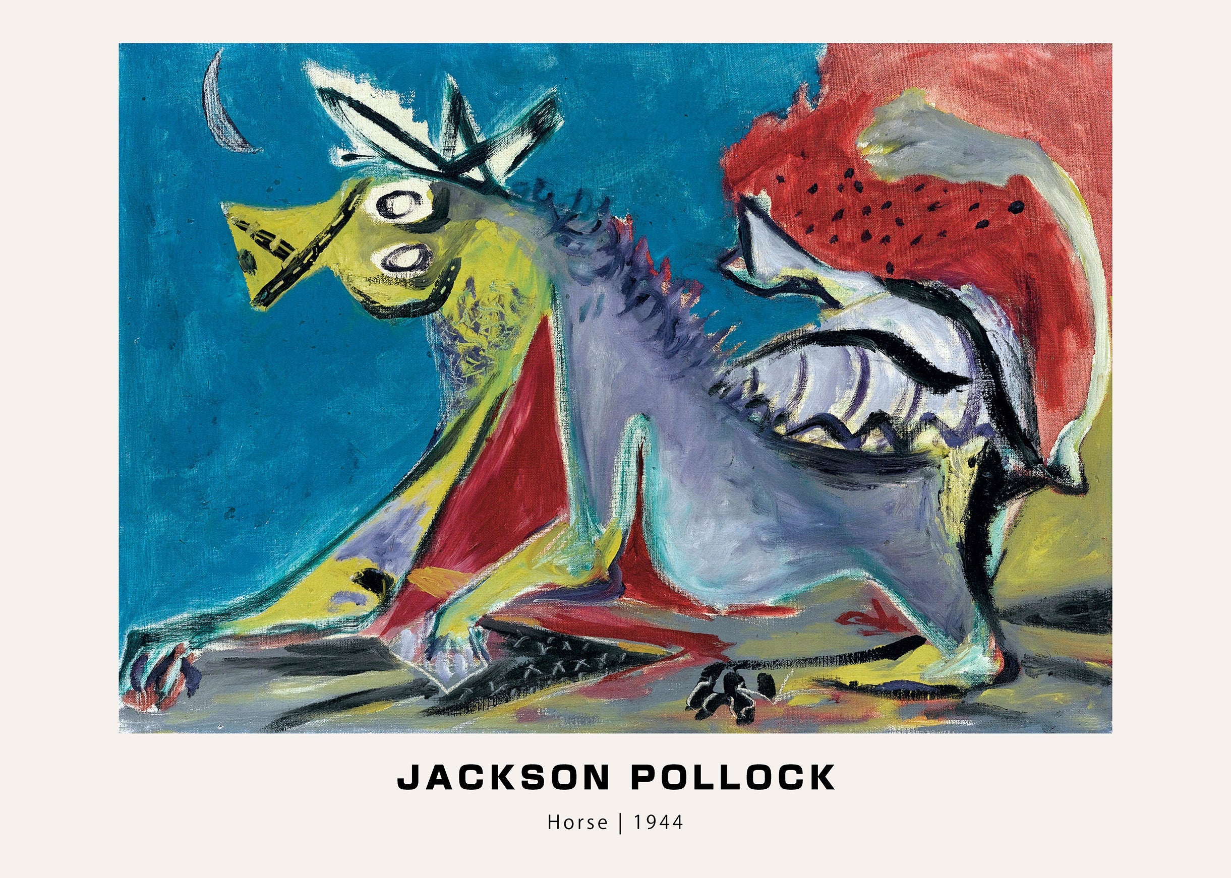 Jackson Pollock's 1944 painting, "Horse," featuring a brightly colored, semi-abstract equine figure in yellow, red, and purple against a bold blue background with a crescent moon.