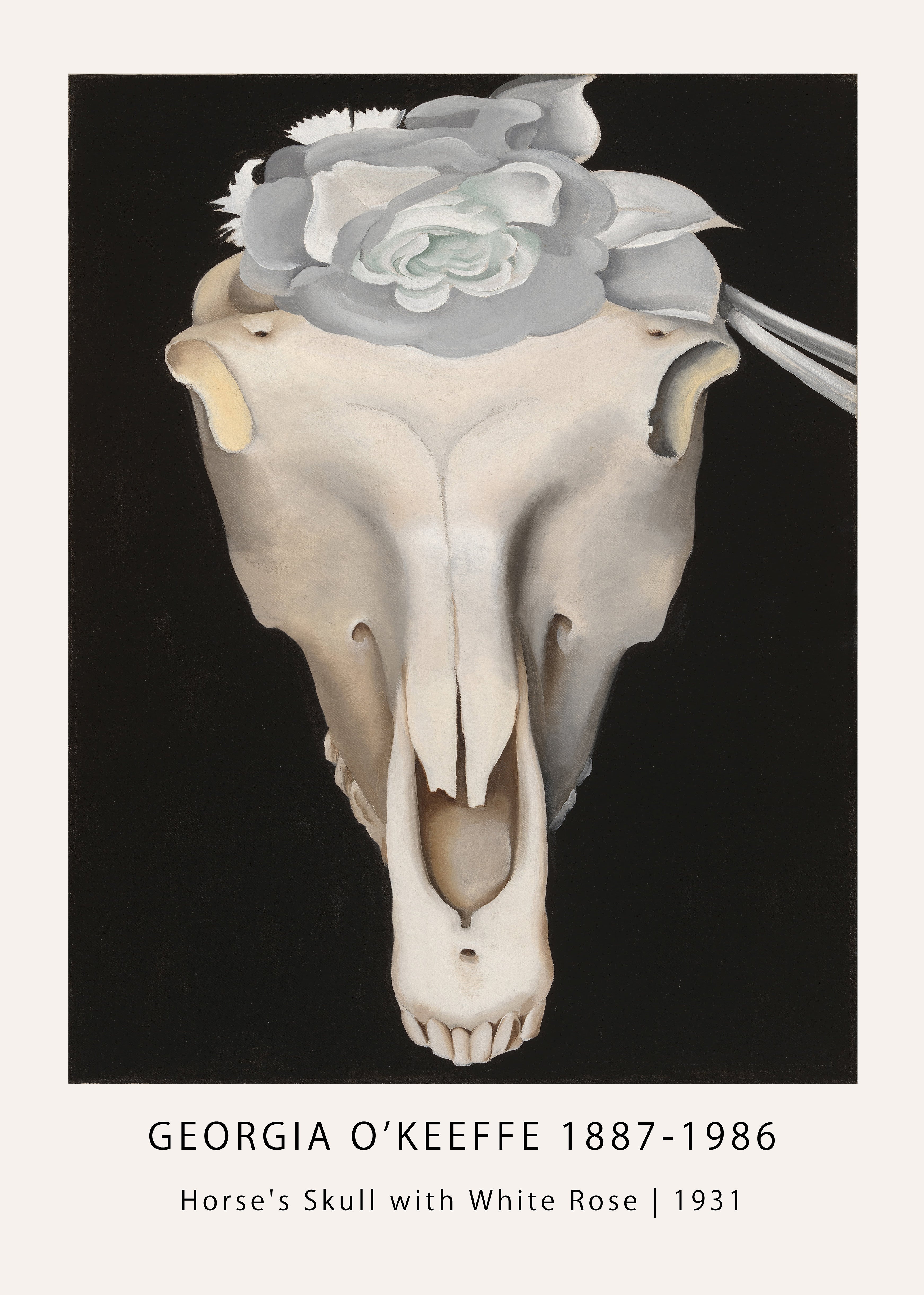 Georgia O'Keeffe's 1931 oil painting, "Horse's Skull with White Rose," featuring a bleached skull against a stark black background.