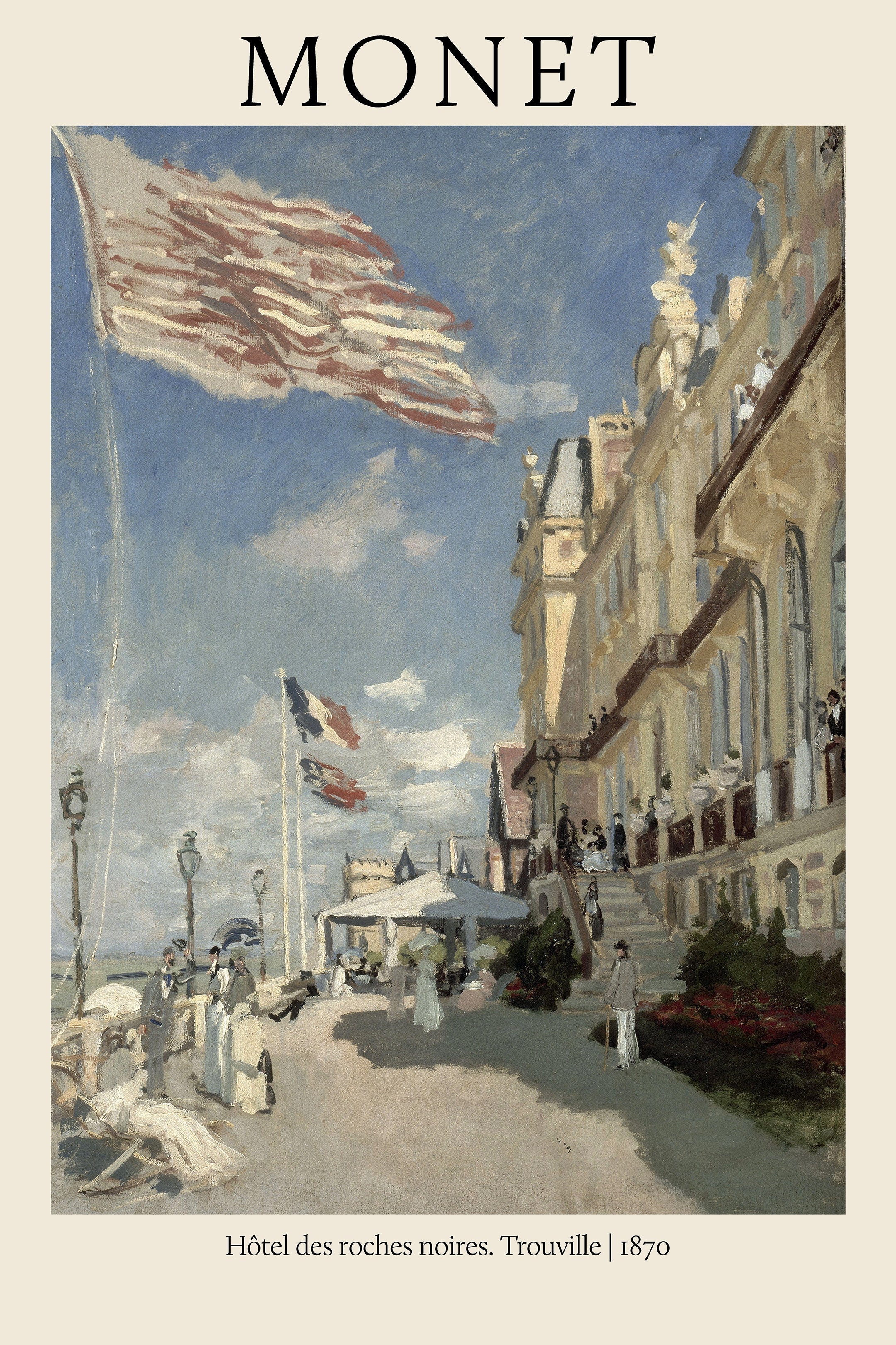Claude Monet oil painting depicting the Hôtel des Roches Noires in Trouville in 1870, featuring figures on a promenade beneath large fluttering flags.
