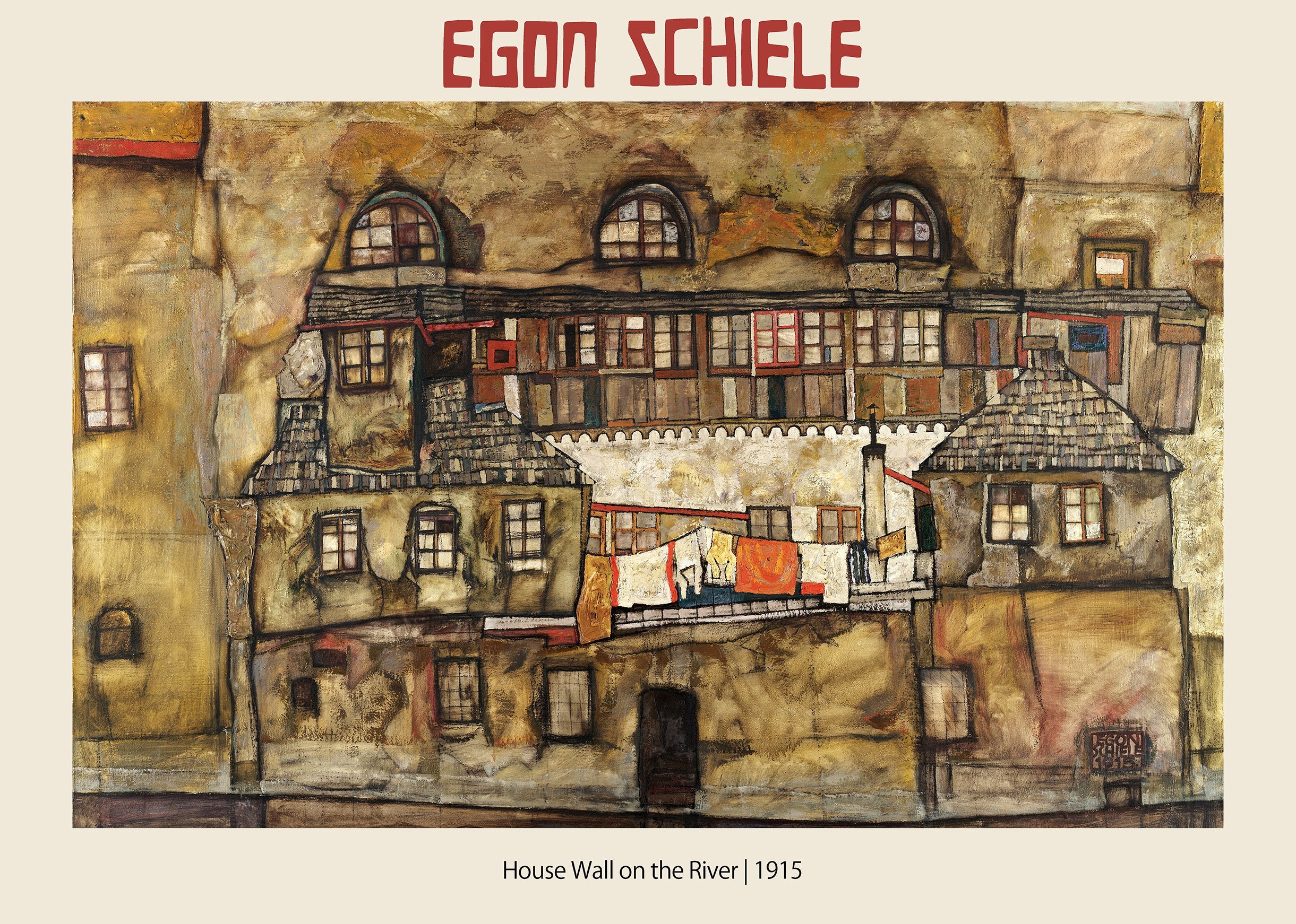Egon Schiele's 1915 Expressionist oil painting "House Wall on the River," featuring densely packed, textured Austrian village houses in earthy tones with laundry hanging.
