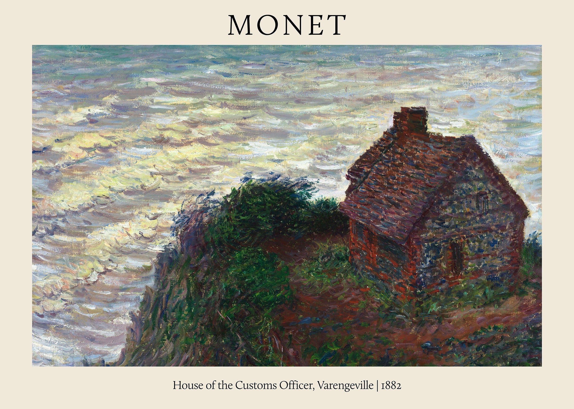 Claude Monet's 1882 impressionist painting of a customs house on a rugged cliff overlooking the choppy Normandy sea.