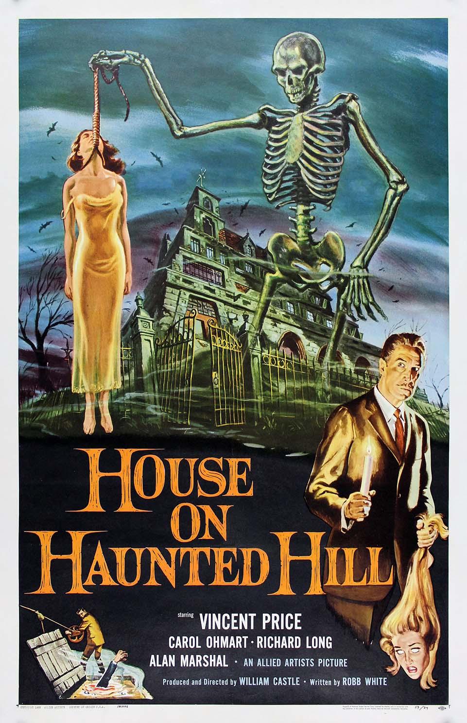 Original theatrical poster for House on Haunted Hill featuring a skeleton, a dangling woman, Vincent Price, and the spooky mansion.