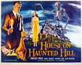 Original movie poster art for House on Haunted Hill (1959) showing Vincent Price, a hanging woman, and a giant skeleton above a spooky mansion backdrop.