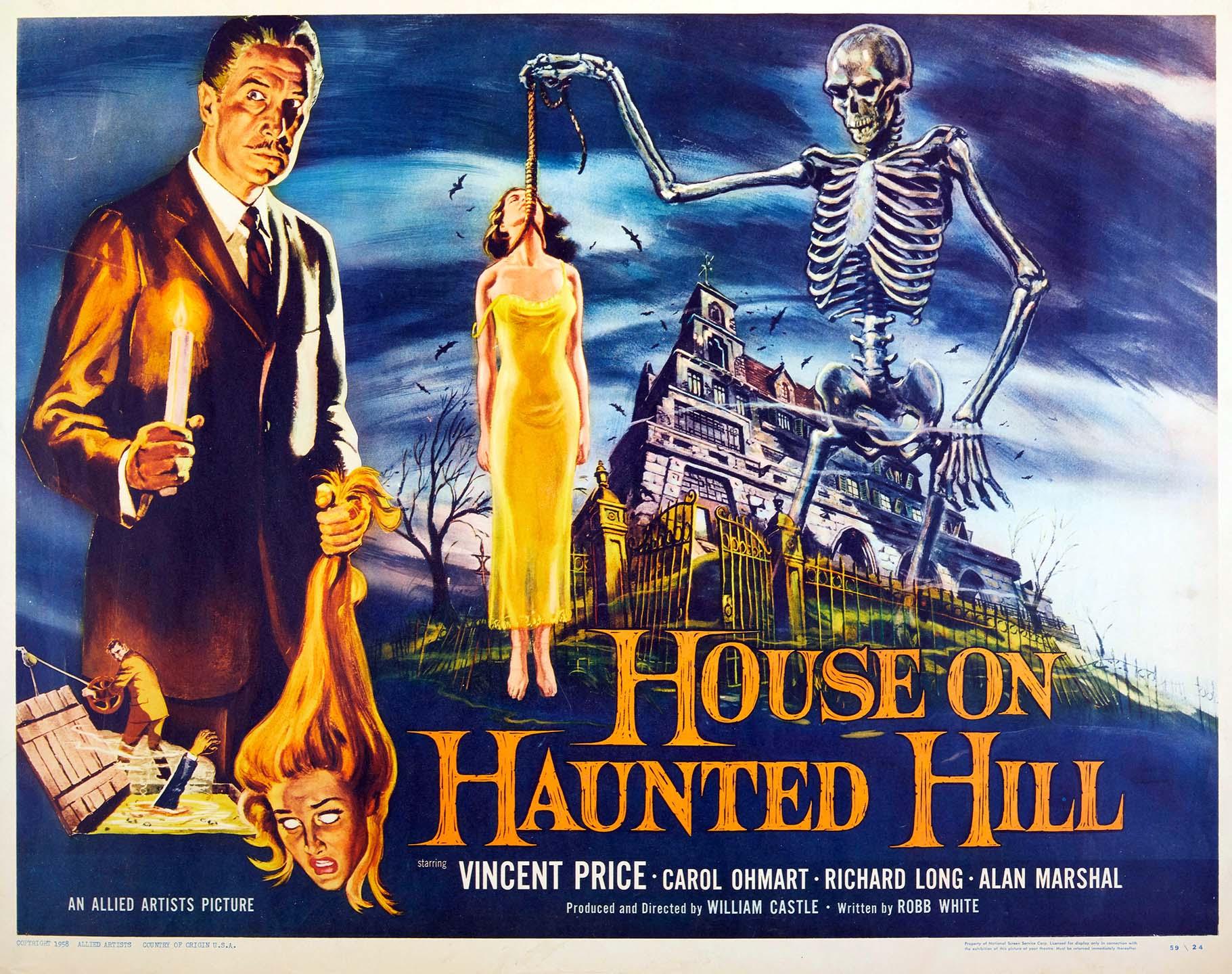 Original theatrical poster for the 1959 movie House on Haunted Hill, showing Vincent Price next to a hanging woman and a giant skeleton towering over the ominous mansion.